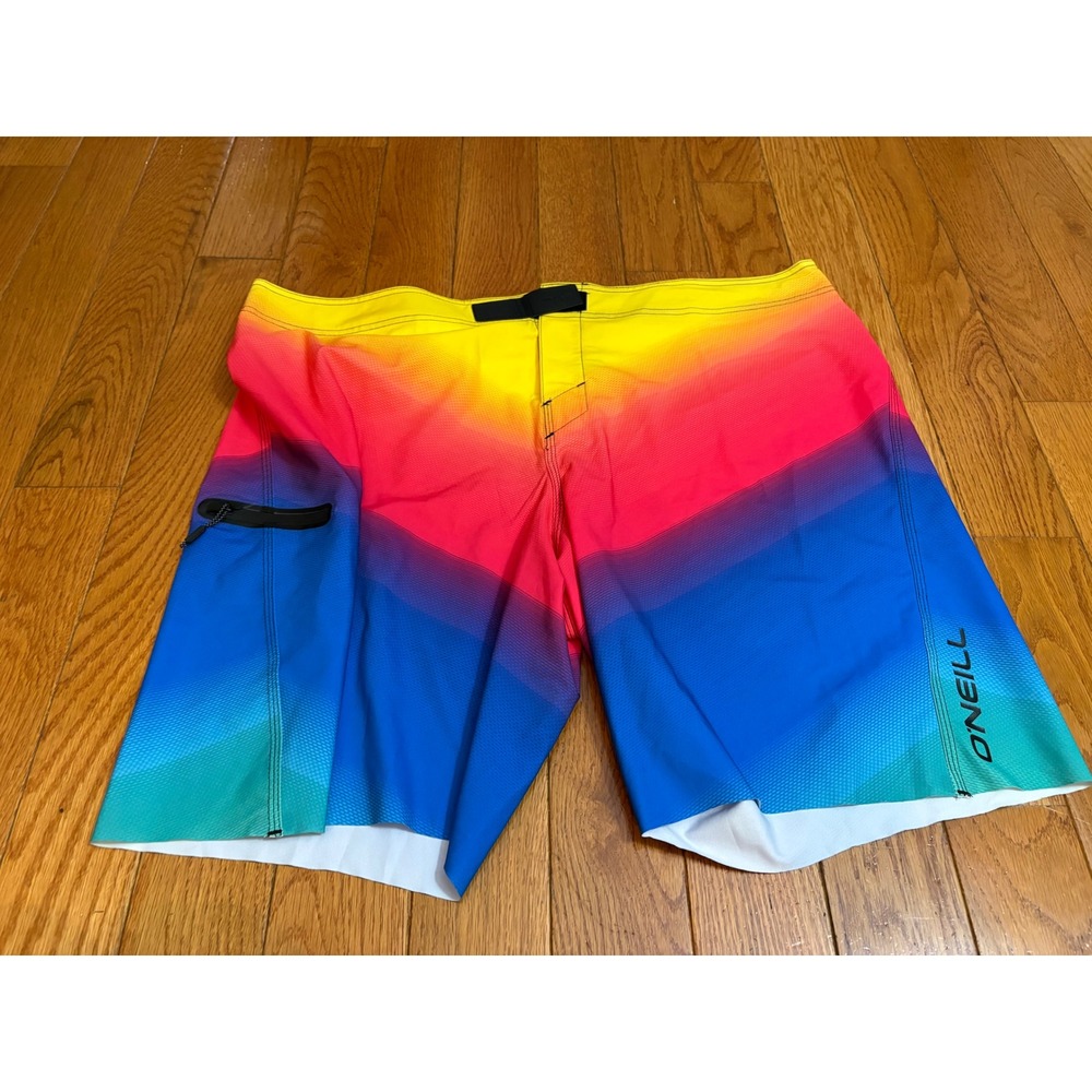 ONeill Hyperfreak Hydro Board Shorts Mens 40 Rainbow Ombre No Tie Fly Stretch